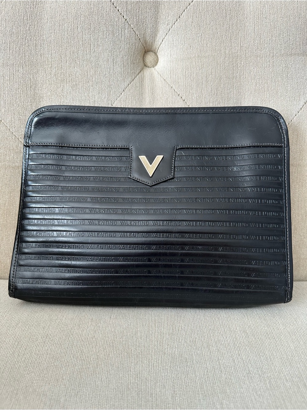 Mario Valentino Black Leather Clutch with Signature V Hardware